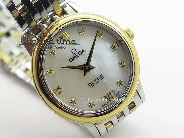 0503 OnTrend De Ville 27mm SS YG Ladies MK 1:1 Best Edition White MOP Dial Diamond Markers On SS Bracelet Ronda Quartz 8187